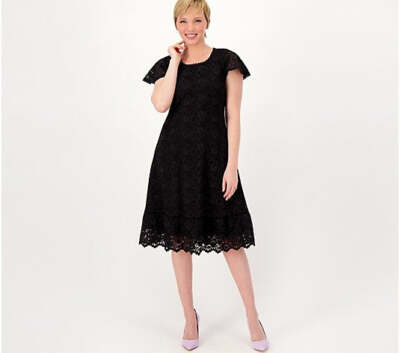 Isaac Mizrahi Live Womens Regular Lace Dress with Lattice Trim - Black / XS