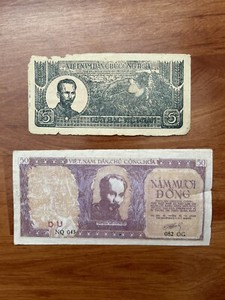 North Viet Nam DCCH 1948 & 1952 Old Banknotes 5 Dong & 50 Dong - Uncirculated.
