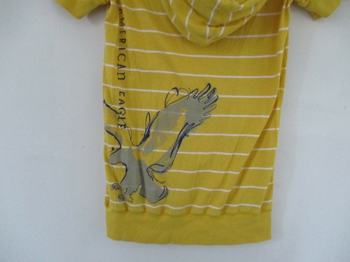 American Eagle Women's Small Cotton Short Sleeve Yellow Striped Hooded Blouse - Picture 10 of 12