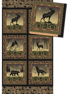 Fabric Benartex Shadow Mountain Moose Deer Bear Wolf Birds Panel 