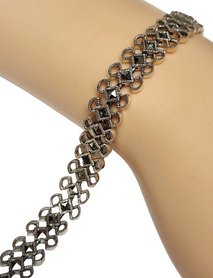 Ken Craft 925 Sterling Silver Marcasite Bracelet Double Safety Clasp 7.5'' 19g