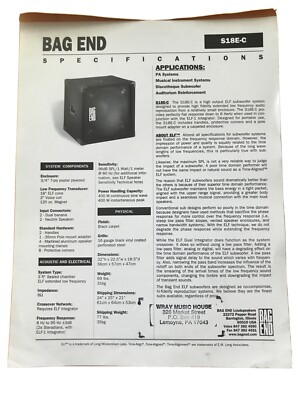 BAG END BAGEND S18E-C Subwoofer Specifications Page Dealer Sheet 