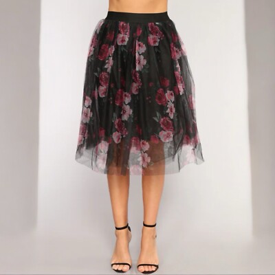 Haute Monde Tutu Knee Length Size M-Tulle Skirt Black & Pink Floral Fairy Goth