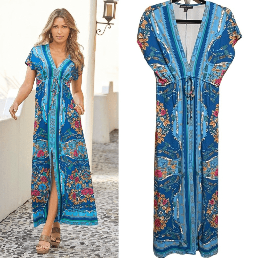 Boston Proper- Women's Border Scarf Print Blue Floral Maxi Dress