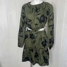 GAP Criss-Cross Cut Out Mini Dress M Tall Olive Drab Green Black Flowers NWT