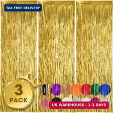 Voircoloria 3 Pack 3.3x8.2 Feet Gold Foil Fringe Backdrop Curtains, Tinsel Strea