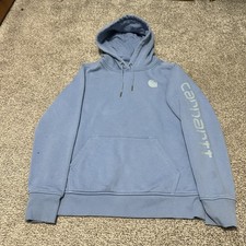 Carhartt Hoodie Women s M 8-10 Blue Relaxed Front Pocket Pullover Sleeve Hit