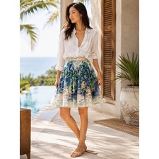Talbots Pleated Skirt Womens 2P Blue Green Scenic Landscape Cotton Print