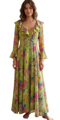COCO CALIFORNIA Green Multicolor Floral Sheer Organza Maxi Dress Vintage 60s/70s