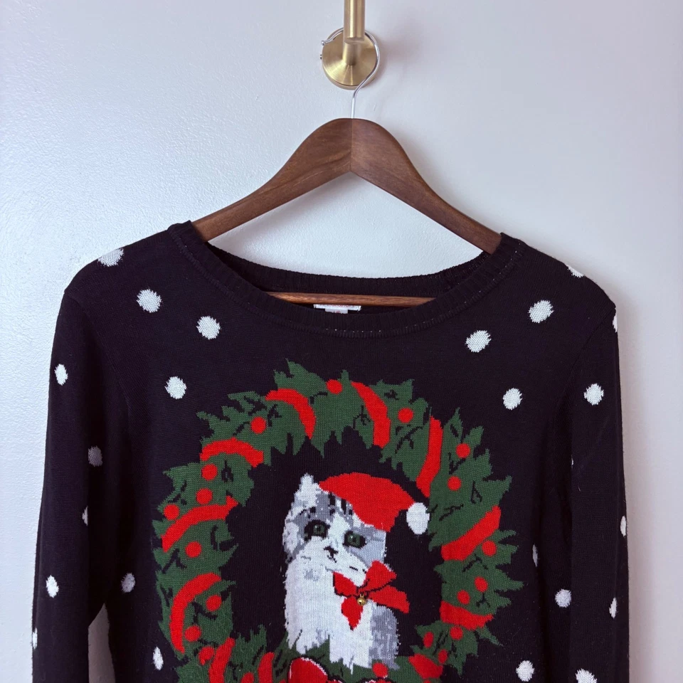 Feo Navidad Fiesta Gato Suéter Mujer Arcos Grandes Corona Negro Rojo Vacaciones Foto 2 de 4