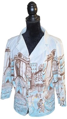 Vintage Betty Barclay Cafe City Print Art To Wear Cotton Blazer size 12/14