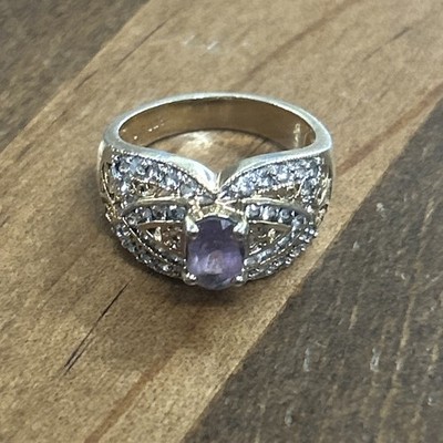 Gold Tone Edco Sterling Silver White Stone Accent Purple Stone Ring Size 7 5.18G