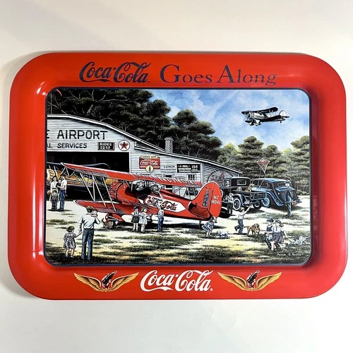 VTG 1998 Coca-Cola Goes Along Metal Tray, Airplane and Old Car Theme Decor