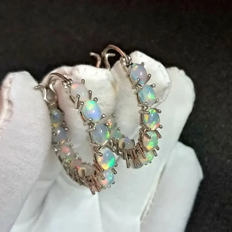 Silver Plated Large Hoop Faux White Opal Snap Closure Earrings..3cms - Image 2 of 4