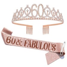 Rose Gold 60th Birthday Sash Rhinestone Tiara Set Gift Party Decor Women