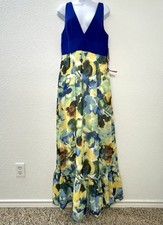 AIDAN MATTOX Womens 12 Royal Blue Floral Chiffon Maxi DRESS Ruffle Prom NWT NEW