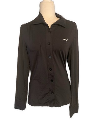 Puma Black Long Sleeve Button Down Polo Soft Stretchy Top medium 