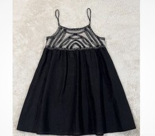 Zara Black Crochet Linen Blend Mini Dress Med Boho Empire Waist Summer Sleevel