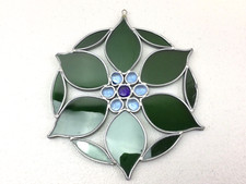 Stained Glass Blue Green Flower Design Window Suncatcher Home Decor