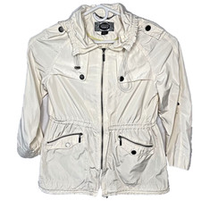 Green Envy Jacket White Zip Hooded Women's Large Drawstring Waist Pockets Snap
