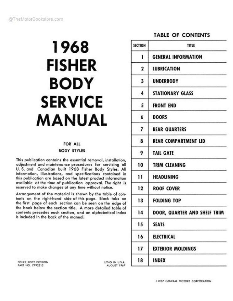 JEGS 91288 Fisher Body Service Manual Fits 1968 Buick Cadillac