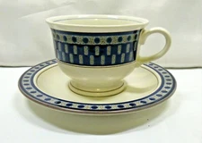 Mikasa Potter's Touch Atec Blue Footed Cup & Saucer Blue Gray Geometric Rim