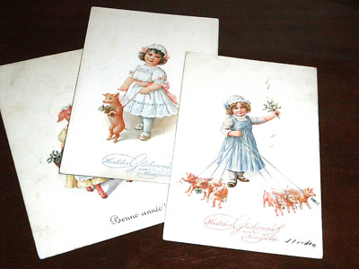 DREI ORIGINAL C. OHLER SIGNIERTE KINDERPOSTKARTEN - SCHWEINE.