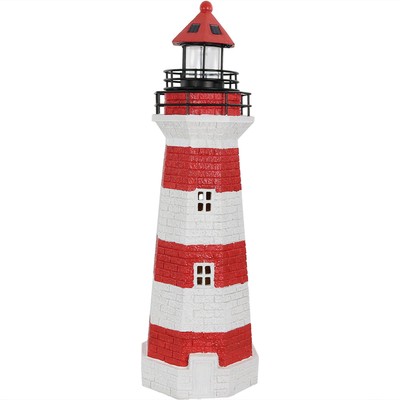 36 in Resin and Metal Red Striped Solar LED Lighthouse Statue by Sunnydaze