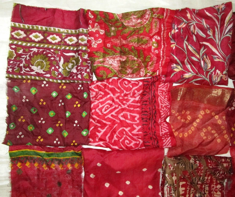 LOT PURE SILK Vintage Sari Fabrics REMNANT 16 pcs 8" SQUARES Red CRAFT EASTER - Image 2 of 2