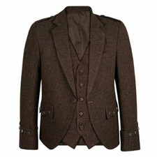 New Brown Tweed Argyle Kilt Jacket With Vest Scottish Wedding Wool Argyle Jacket