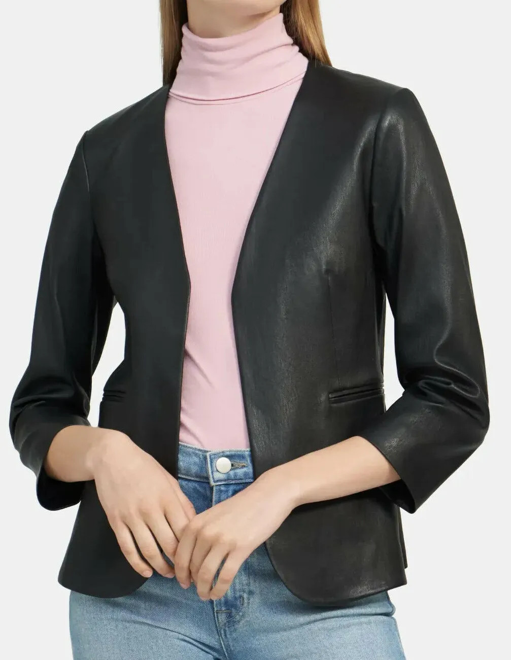 $995 NWT THEORY Sz10 LINDRAYIA BRISTOL STRETCH LAMB LEATHER OPEN JACKET BLACK image 3