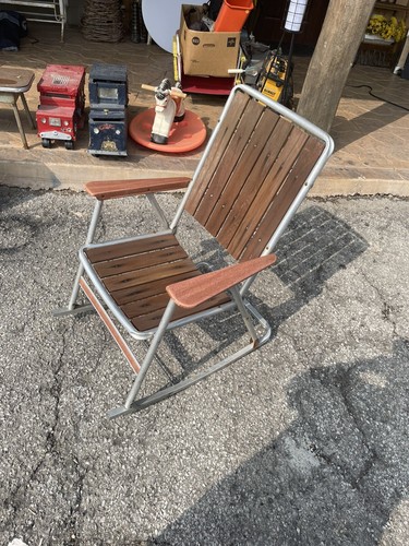 Vintage LARGE MCM Redwood 6 Slat Aluminum Folding Lawn Rocking Chair Metal Arms