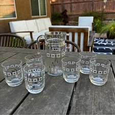 Vintage MCM Barware Italy Glass Pitcher and Tumblers Set Gold Geometric Pattern