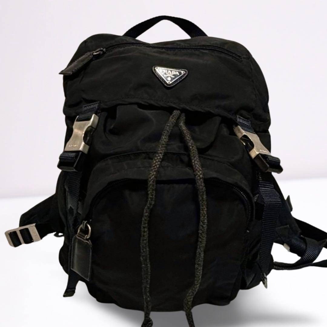 PRADA Backpack Triangle Logo Triangle Plate Black Nylon Men s Women s Unisex f thumbnail 2