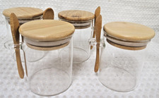 4 Glass Jam Jars With Bamboo Lids Spoons Clear Modern Storage Kitchen