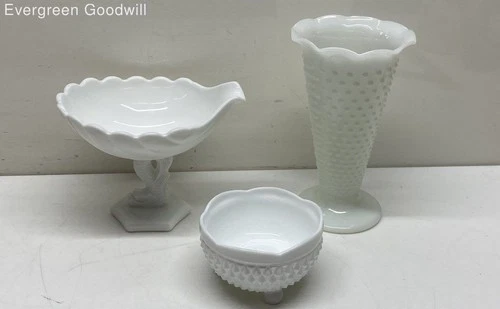 Vintage White Milk Glass Lot Candy Dish, Hobenail Vase & Shell Shaped Bowl