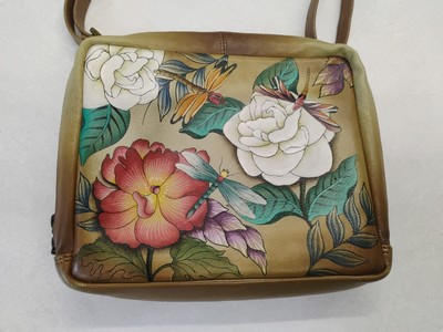 ANUSCHKA Leather Shoulder Bag Hand Painted Colorful Dragonfly