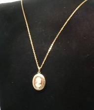Vintage Gold-Tone Cameo Pendant Necklace, Carnelian-Color Background
