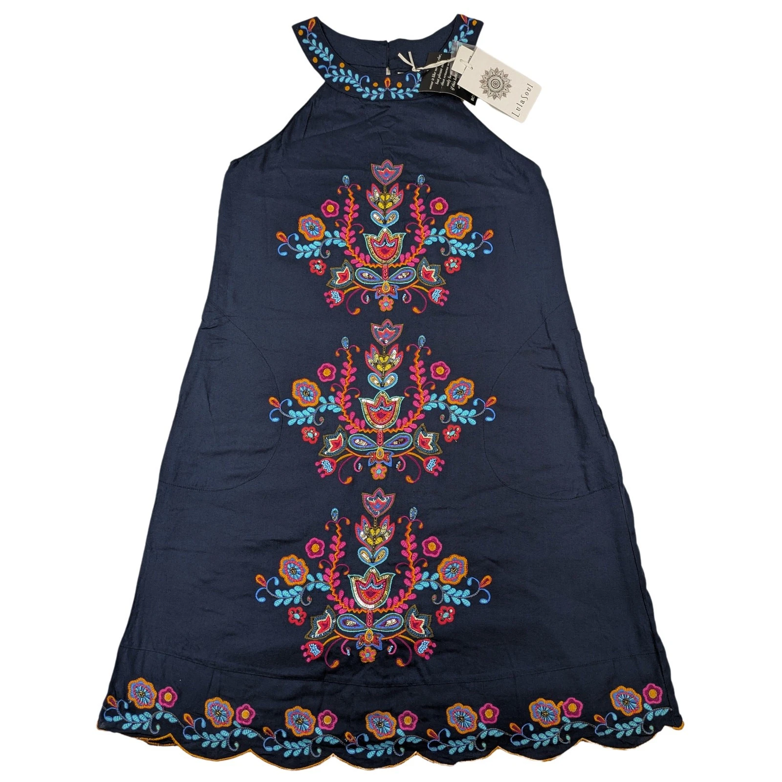 Lula Soul Navy Blue Beaded Embroidered Lined Cotton Sundress Size XXS NWT
Opens in a new window or t
