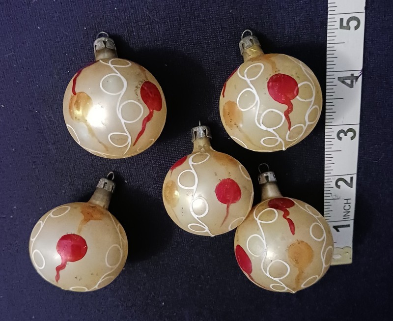 Vtg 5  2"  Rare Gold Small Squiggles W/ Red  Glass Mercury Ornaments