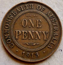 AUSTRALIA 🇦🇺 ONE (1) PENNY COIN 1913 (KING GEORGE V 