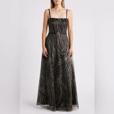 Vince Camuto Black  Taupe Sequin Embroidery Tulle Gown Size 4 $388 *Less Belt*