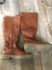 WOMENS KNEE HIGH FASHION BROWN FAUX LEATHER SIDE ZIP LADIES 10 BOOTS