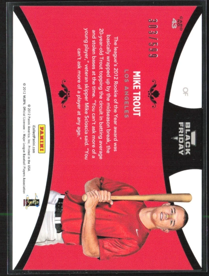 Mike Trout 2012 Panini Black Friday RC /599 B #43 Los Angeles Angels - Image 2 of 2