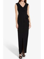 ADRIANNA PAPELL Womens Black Peplum Cap Sleeve V Neck Maxi Formal Wrap Dress 4