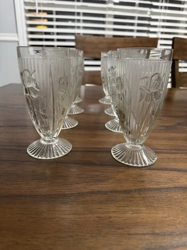 Set Of 8 Jeannette  Iris & Herringbone Crystal 6.5” Footed Water Glass 1930