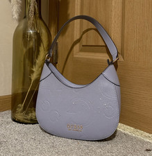 GUESS Purple Logo Pattern Crescent Shoulder Bag w/ Gold Hardware