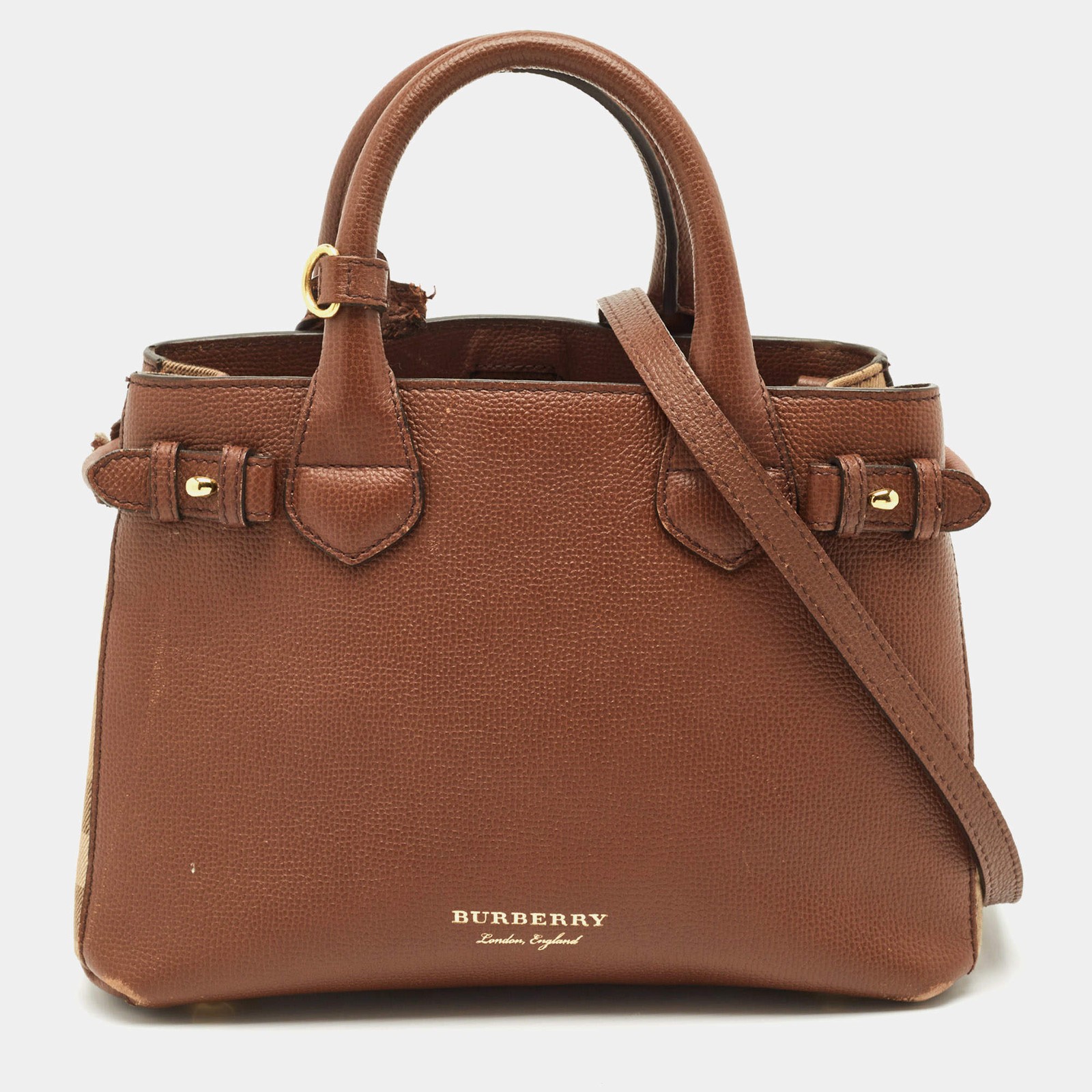 Burberry BrownBeige House Check Fabric and Leather Small Banner Tote