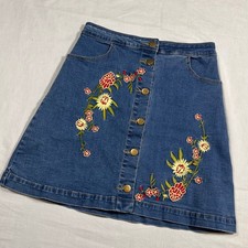 Denim Mini Skirt Floral Embroidered Button Front A Line Size S