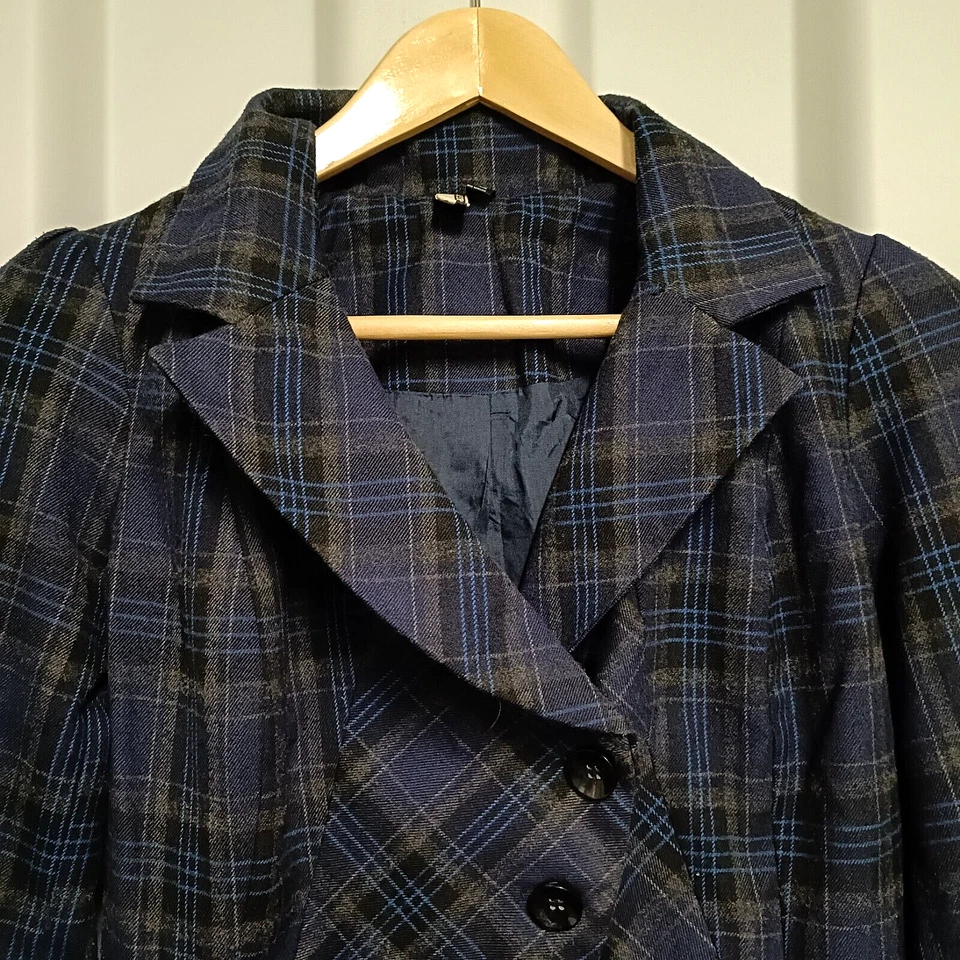 Topshop Womens Jacket Blue Black Size 10 Wool Blend Check Steampunk Gothic - Image 3 of 4